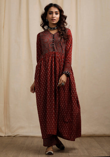 Red Ajrakh Print Flaredand Gathered Kurta with Pockets